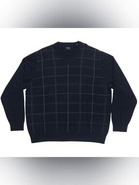 NWT Haggar Men's XXL Navy Blue Windowpane Grid V-Neck Knit Sweater